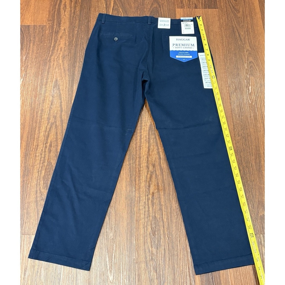 NEW Haggar Straight Fit Mens Pants 34W x 30L Waistband Navy Premium Soft Stretch - Picture 7 of 14